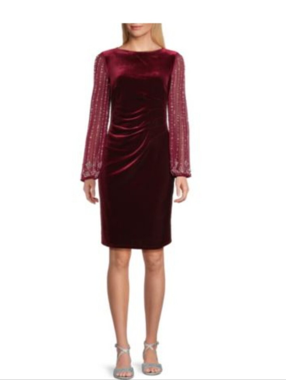 MARINA Burgundy Velvet Long-Sleeve Dress with Embellished Sleeves